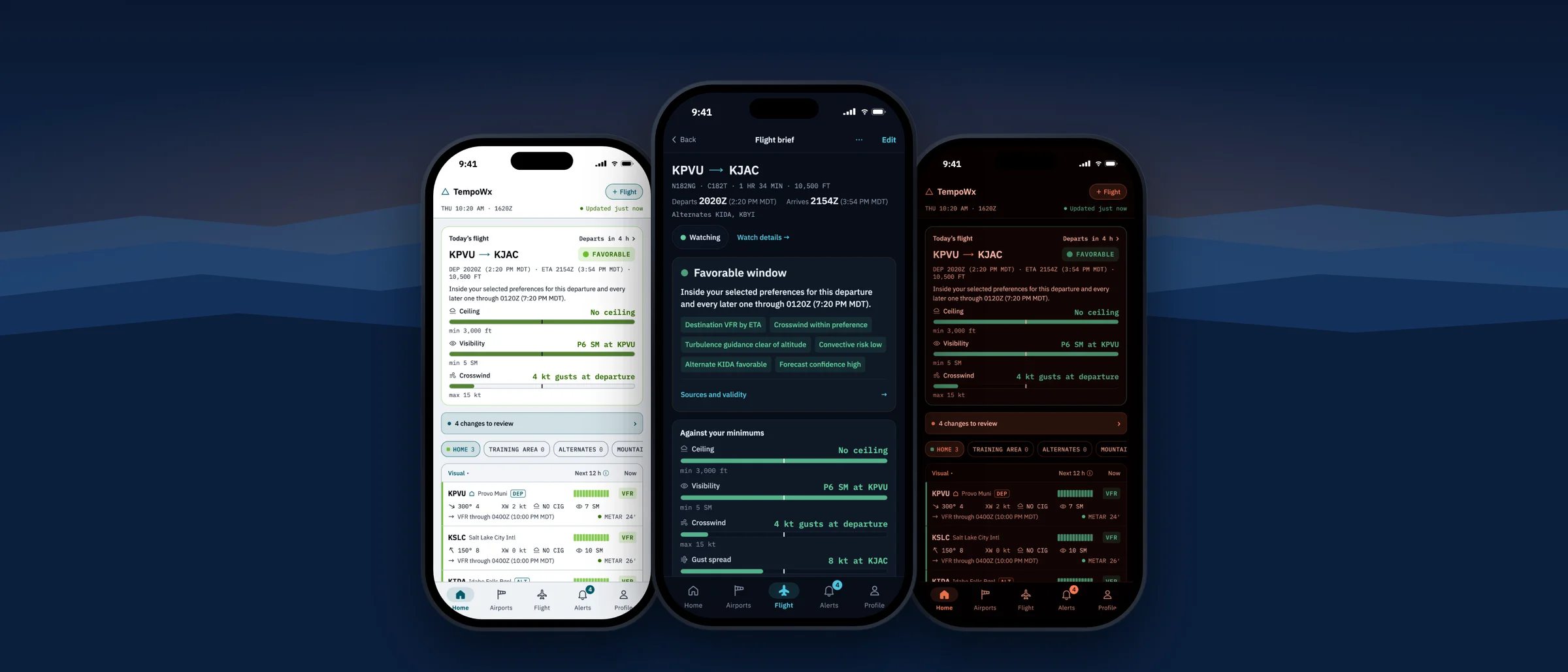 TempoWx on three iPhones: the home board in light theme, a flight brief in dark theme, and the home board in red night theme
